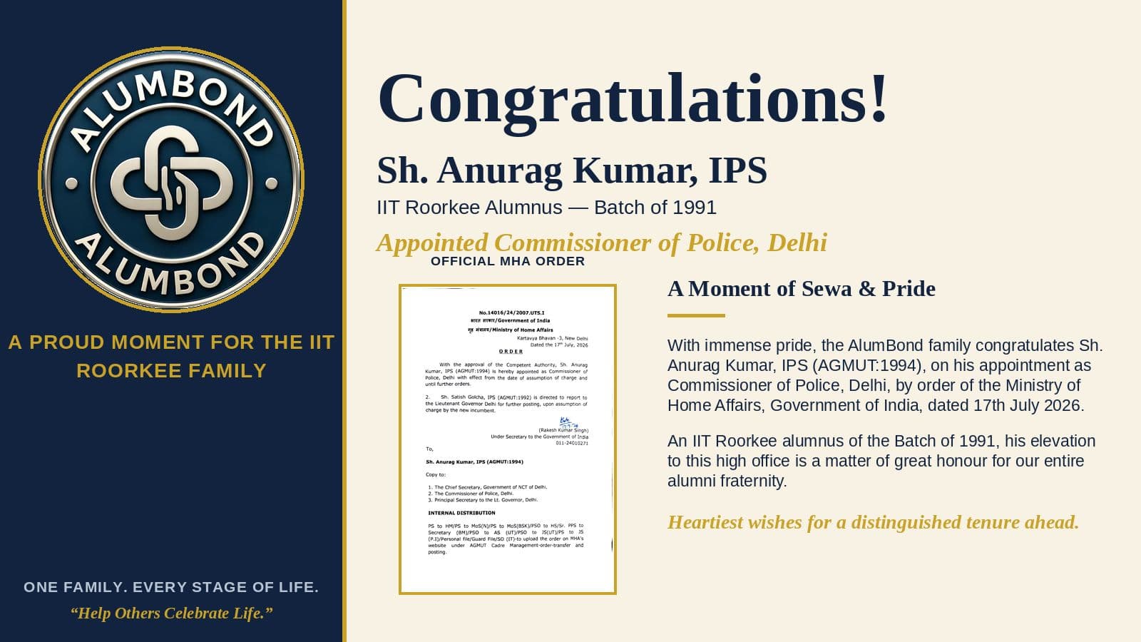 Congratulations to Shri Anurag Kumar (IITR 91), IPS (AGMUT Cadre, 1994 Batch), on his appointment as Commissioner of Police, Delhi.